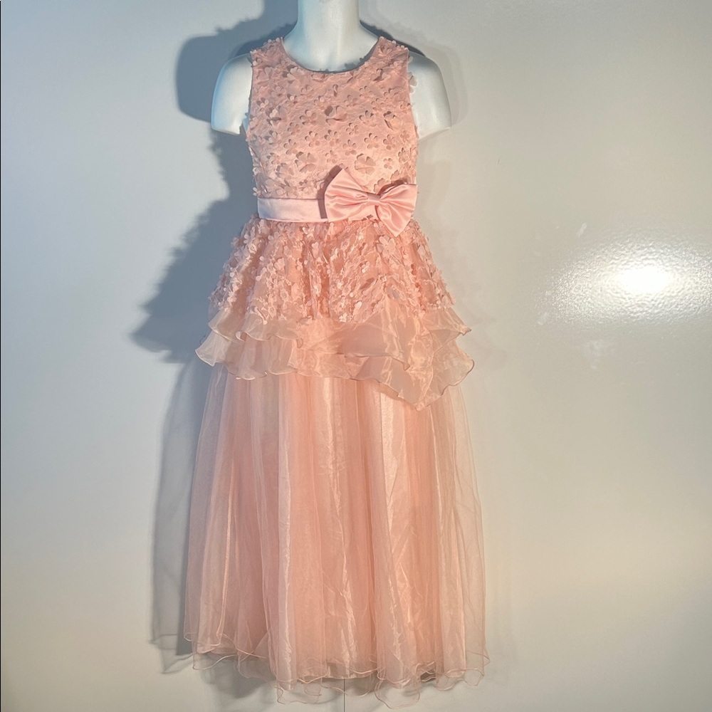 Ai Meng Baby Girls SZ 16 Pale Pink Floral Appliqué Bow Tiered Tulle Gown Formal